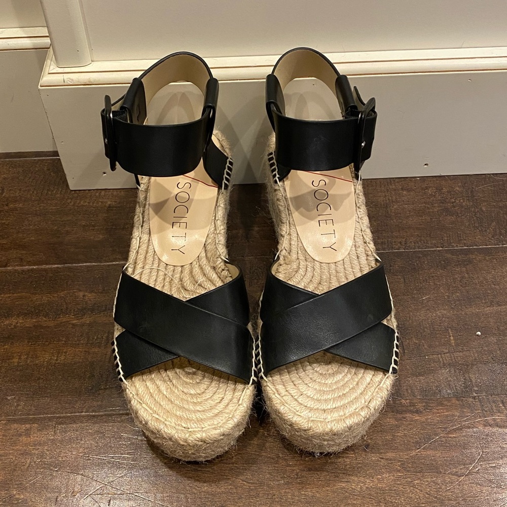 Sole Society Black Leather Espadrille Platform Sandals